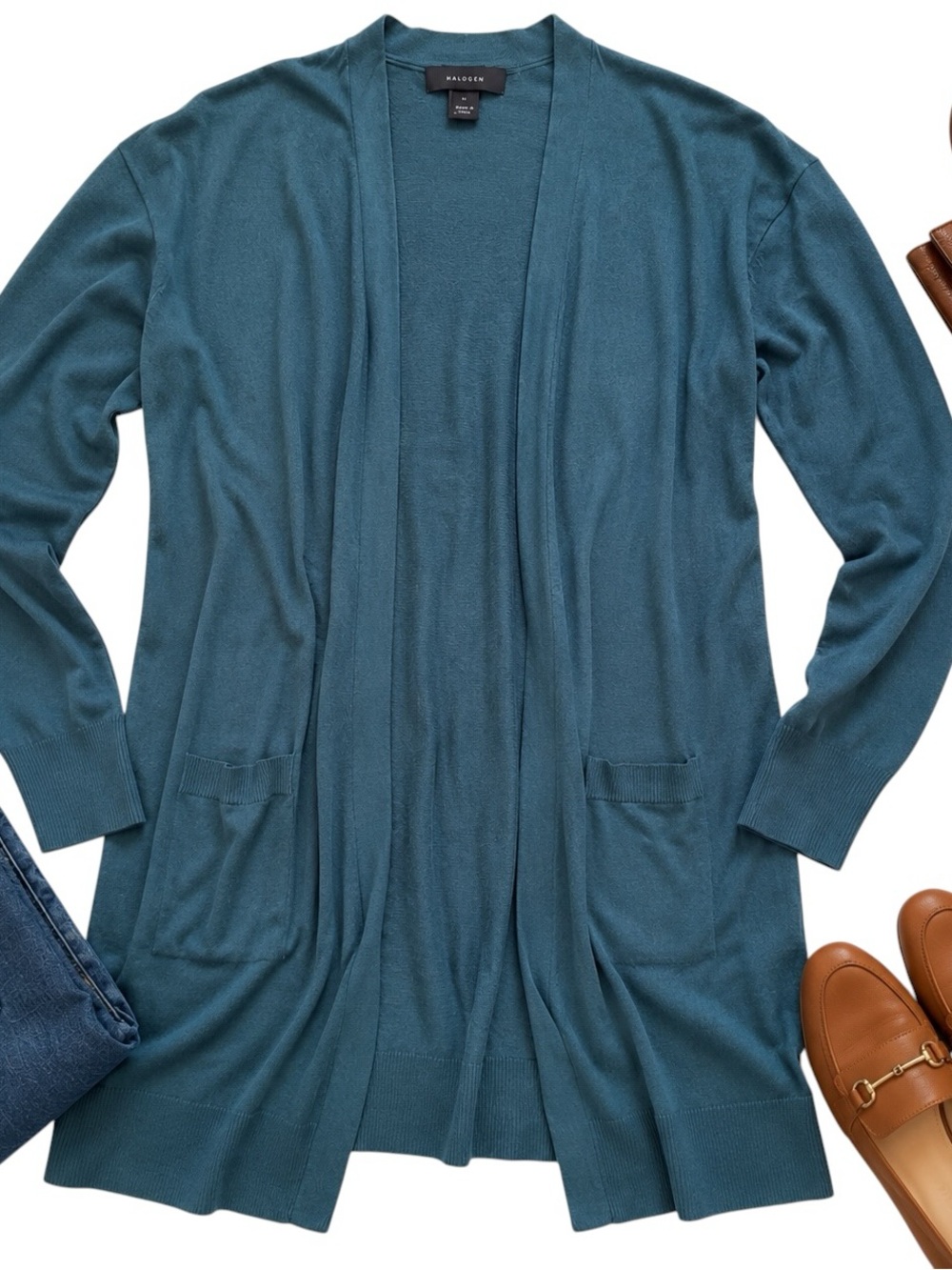 Halogen Blue Green Wool Cashmere Blend Long Open Front Duster Cardigan Medium